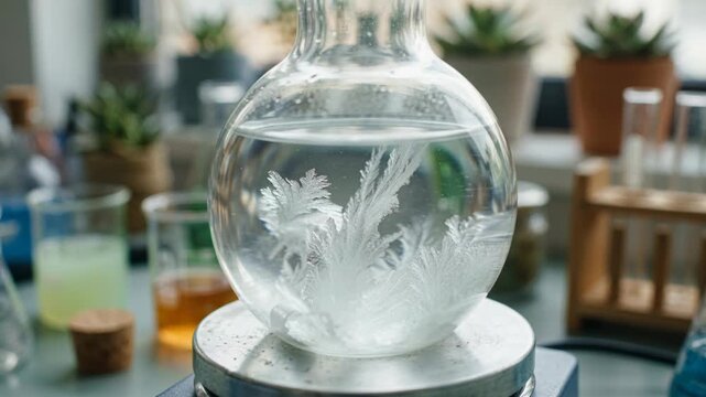 Sustainable green chemistry crystal growth glassware flask laboratory hotplate solution forming delicate dendrite crystalline patterns inside round