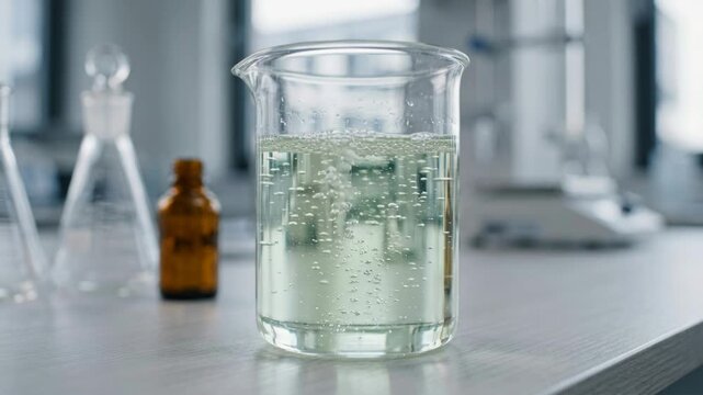 Sustainable chemistry laboratory beaker with bubbling solution glass showcasing eco friendly chemical reaction and green sustainable experiment