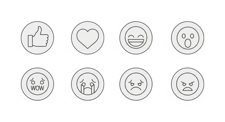 Set of eight circular icons with different emotions and symbols.