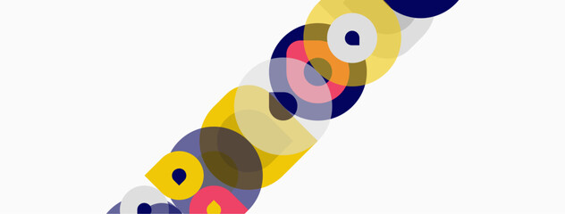 Obraz premium Abstract composition featuring overlapping colorful circles, yellow, blue, pink, purple. Minimalist design on white background. Modern aesthetic.
