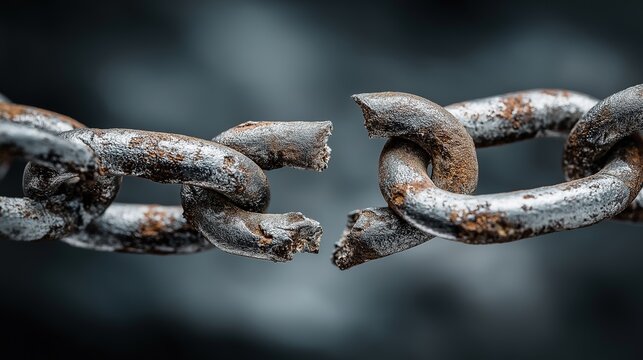 A weathered iron chain with a clean break between two rusted links, symbolizing freedom, liberation, failure of strength, and the concept of a weak link in a system.