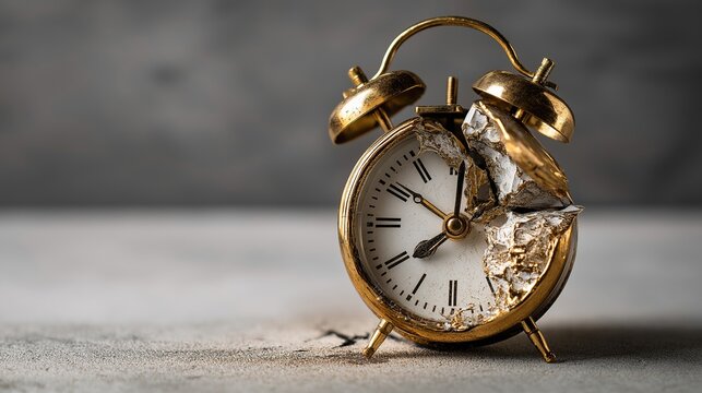 Elegant gold vintage alarm clock with a cracked and broken face on a clean grey background, representing time management failure, urgency, and luxury in a state of decay.