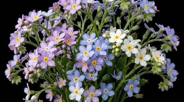Beautiful bouquet of blue, purple, and white forget-me-not flowers isolated on a black background. Myosotis sylvatica blossoms in close-up macro view.