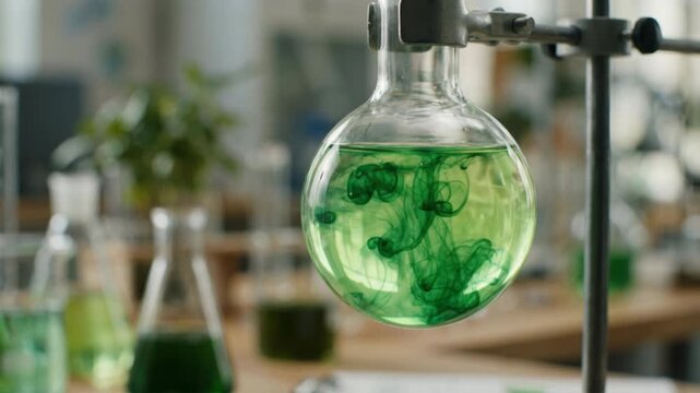Green chemistry sustainable chemical reactions swirl glass flask beaker laboratory with vivid emerald solution evoking innovation and careful science