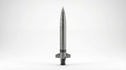 Technological Ascent: A sleek, metallic rocket poised for launch, symbolizing innovation and the pursuit of progress. The stark design enhances the sense of power and forward momentum.