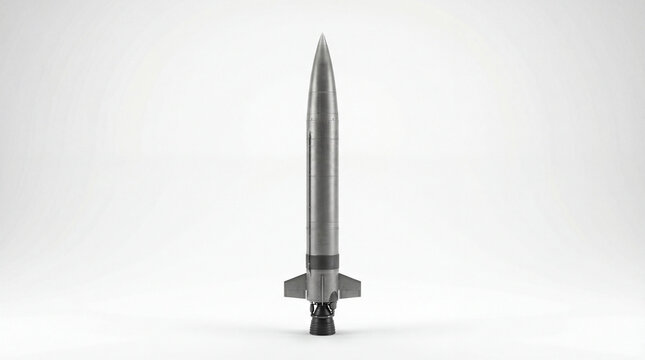 Technological Ascent: A sleek, metallic rocket poised for launch, symbolizing innovation and the pursuit of progress. The stark design enhances the sense of power and forward momentum.