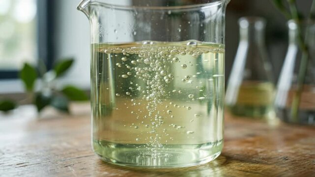 Sustainable chemical reactions green chemistry laboratory beaker bubbles clear solution plant background natural experiment bubbling clear liquid