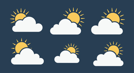 Obraz premium Multiple variations of sun and cloud weather icons are shown in yellow and white on a dark blue background for forecasting use.