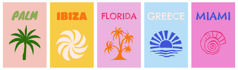 Naklejka premium Vector set of cover design templates for travel vacation summer books, summer and sirf banners with hand drawn sketchy doodle illustrations in simple style