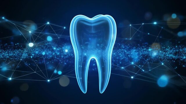 Digital Blue Molar Tooth Hologram with Abstract Background