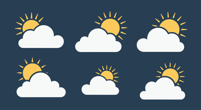 Multiple variations of sun and cloud weather icons are shown in yellow and white on a dark blue background for forecasting use.