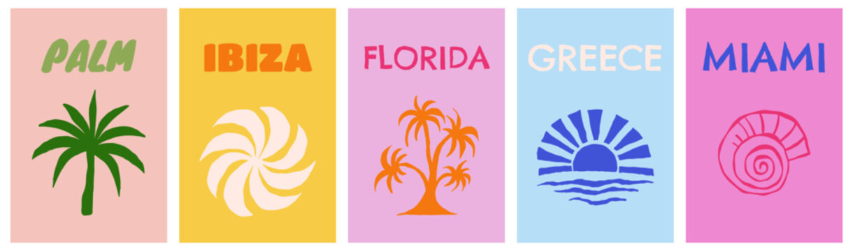 Vector set of cover design templates for travel vacation summer books, summer and sirf banners with hand drawn sketchy doodle illustrations in simple style