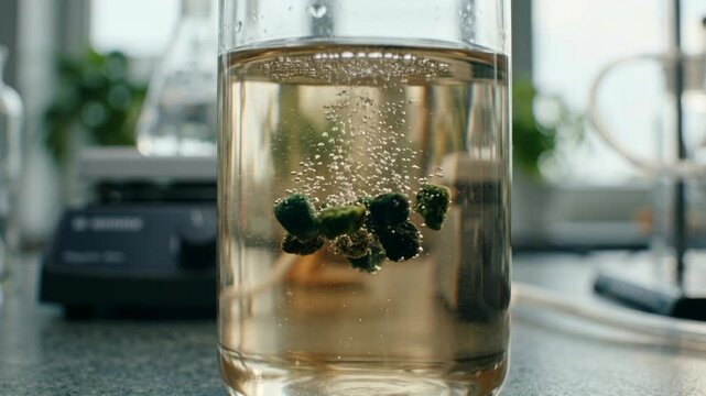 Moss mineral bead floating liquid bubble effervescence laboratory experiment sustainable green chemistry beaker fizzing with bubbling tablet