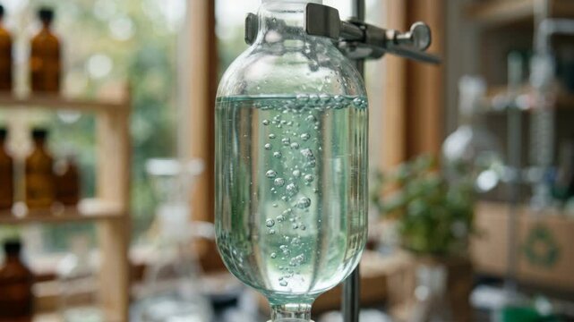 Vintage glass separatory funnel bubbling with clear solution. sustainable green chemistry laboratory reaction vessel showing bubbles and eco friendly