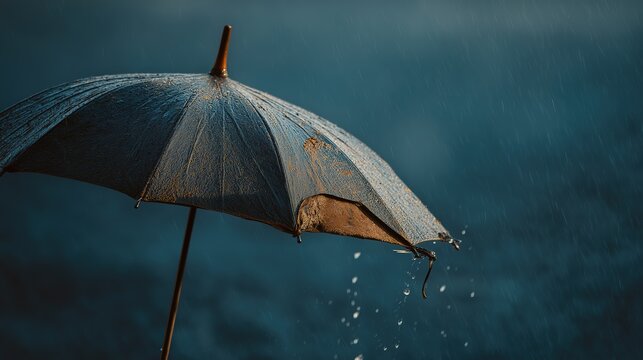 Close up of a tattered and wet umbrella in the rain with water droplets falling, representing resilience, enduring hard times, and the need for shelter in a storm.