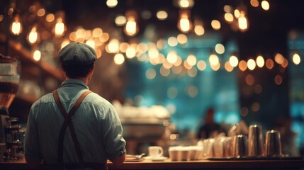 Obraz premium Working efficiently at the station, the barista prepares orders with precision, as softened decor enhances a sense of comfort, friendliness, and the rhythm of cafe life. 