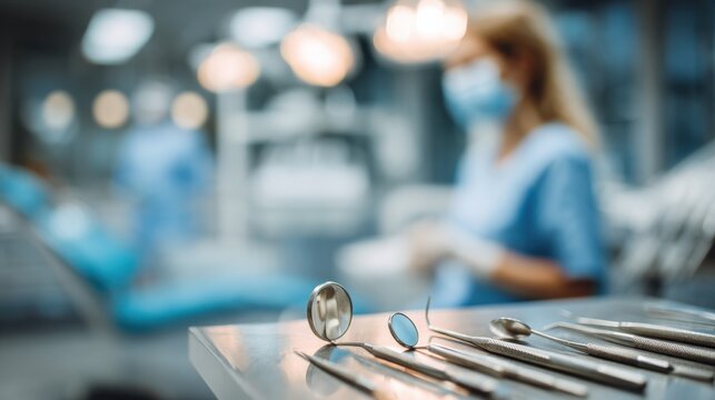 From behind, a dentist prepares dental tools beside a treatment chair, with softly blurred clinic equipment emphasizing precision, hygiene, and professionalism.
