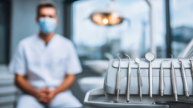 A dentist stands behind a treatment chair, carefully arranging instruments as blurred clinical equipment frames a focused, professional healthcare environment.

