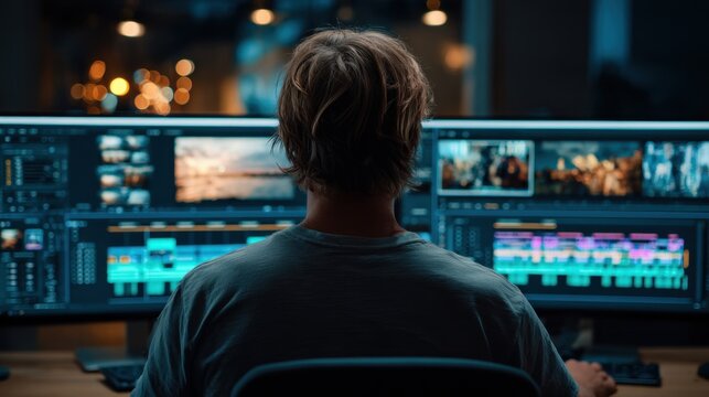 Focused at the workstation, the editor refines video sequences with precision, while blurred timelines and panels highlight the layered complexity of post-production workflow.
