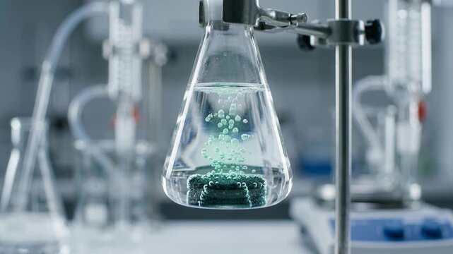 Sustainable chemical reaction in laboratory flask with bubbling solution and catalyst experiment showing eco friendly green chemistry bubbles