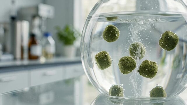 Green chemistry sustainable chemical reactions laboratory glass beaker with floating green catalyst spheres dissolving tablets and producing bubbles