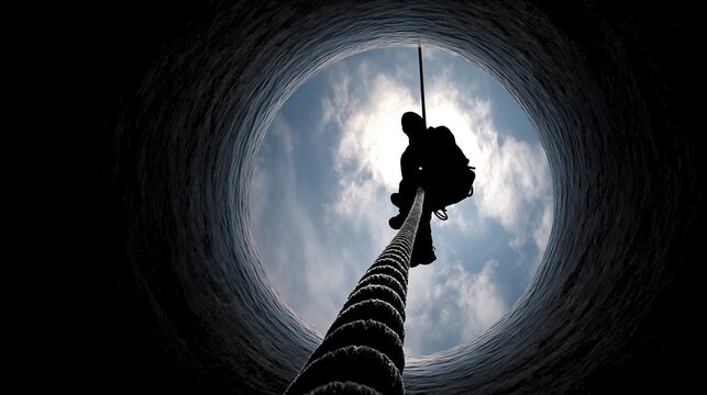 Silhouette of a brave man climbing out of a dark deep well using a rope toward the bright blue sky and clouds, symbolizing hope, rescue, survival, and overcoming difficult life challenges.