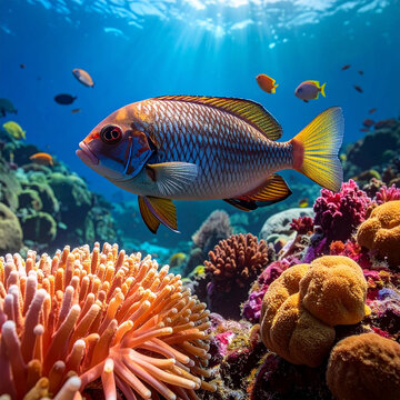 A vibrant orange clownfish swims gracefully among tropical coral reefs and sea anemones in a colorful underwater marine aquarium