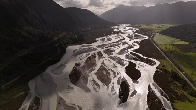 Bealey River in Arthur's Pass National Park, New Zealand. Aerial drone panoramic view