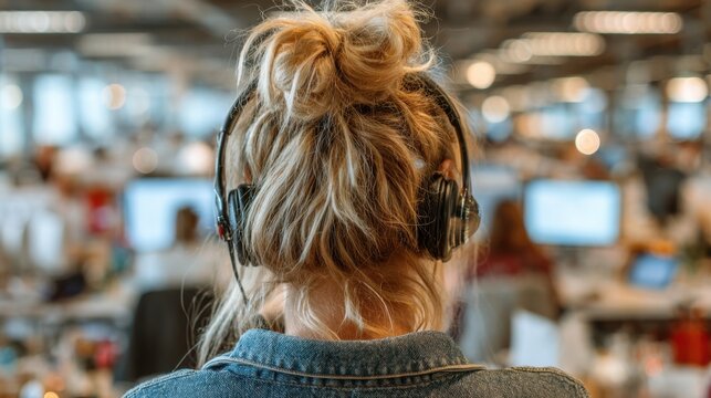 Captured from behind, the agent manages customer interactions at a workstation, with blurred office desks conveying a dynamic, communication-focused workplace.
