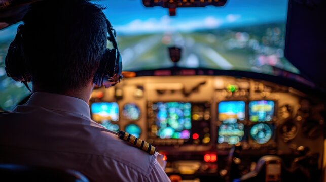 A pilot instructor guides flight simulation training from behind, with blurred cockpit controls emphasizing hands-on aviation education and skill development.

