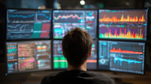 Seen from behind, the specialist studies data on multiple displays, with softly blurred dashboards suggesting deep analysis and sophisticated data-driven work.
