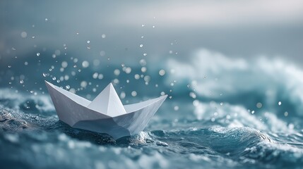 White paper boat sailing on a rough and wavy blue ocean with water splashes, symbolizing courage, resilience, hope, and navigating through difficult life challenges.