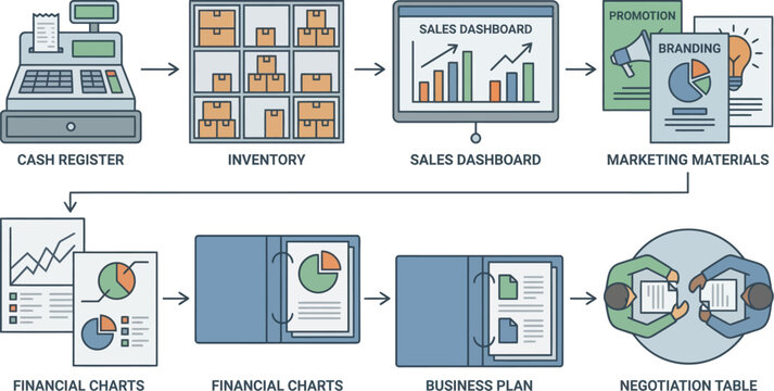 Business workflow diagram illustrates sequential steps from cash register operations to final negotiation table agreement.