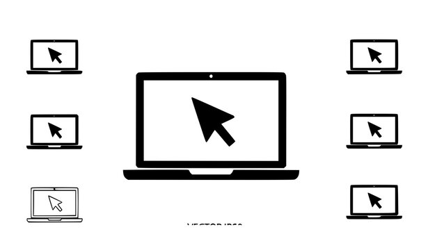A minimalist vector graphic of laptops with cursor icons on screens