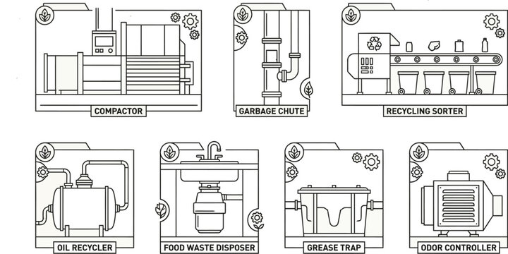 Various schematic diagrams illustrate commercial kitchen waste management systems like a garbage chute, grease trap, and oil recycler.