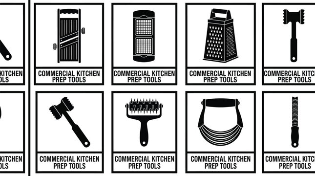 A grid layout presents various black silhouette icons representing commercial kitchen preparation tools like graters and meat tenderizers.