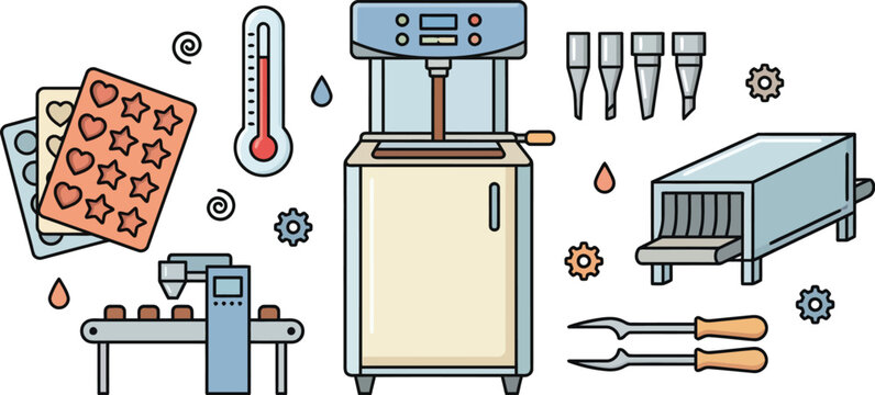 A colored illustration displays chocolate production equipment including a tempering machine, molds, conveyor, and cooling unit for confectionery.