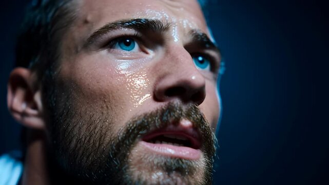 Close up of male athlete with sweat glistening on face, intense blue eyes, focus, determination, exhaustion, emotional expression, and focus on athletic training in low light