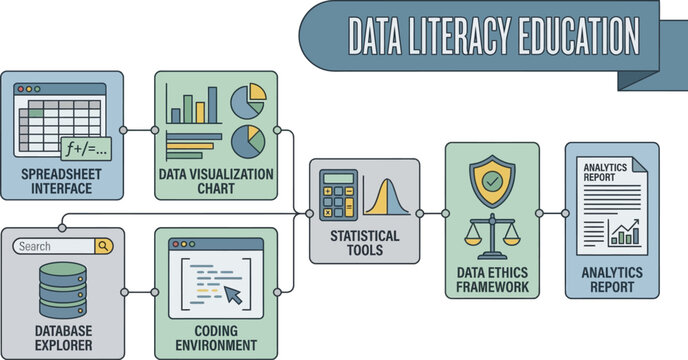 The data literacy education workflow demonstrates the progression from database exploration and coding environment to statistical tools and final analytics report.