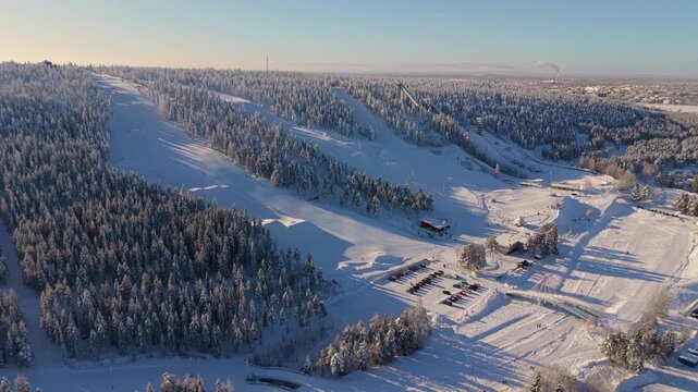 Aerial Dolly In Ounasvaara Ski Resort in Finnish Lapland in Wintertime