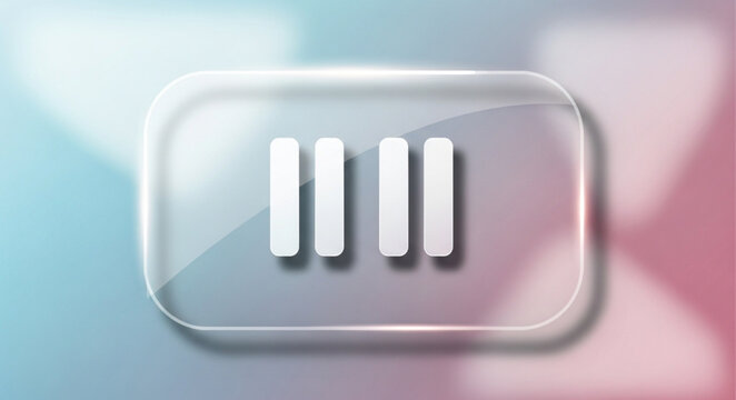 Transparent glass pause button icon on a soft background.