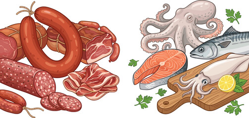 Meat and seafood collection illustration, sausage salami bacon fish salmon octopus squid fresh protein food vector isolated set © Ansarun