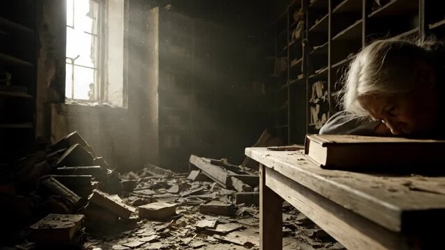 Elderly woman with grey hair resting on book in destroyed library with sunlight, destruction, devastation concept.