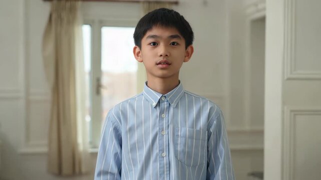 Front-facing standing image of an indoor boy
