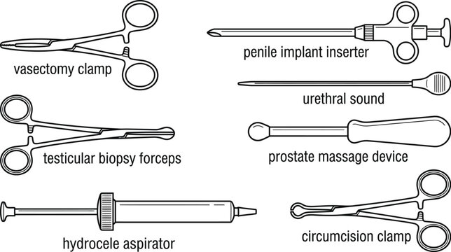 A collection of specialized urological and surgical instruments features clamps, aspirators, and probes with descriptive labels.