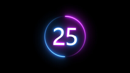 Obraz premium A dynamic circular illustration, and glowing count neon number 25 illustration . on a black background. and creating a stunning 4k illustration.