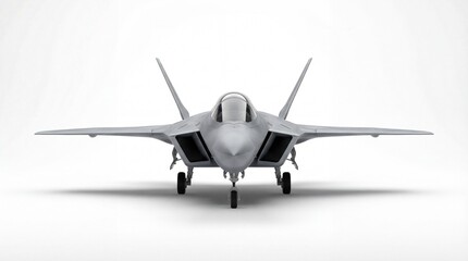 Fototapeta premium Jet Fighter in Flight: A sleek, modern jet fighter, designed for high-speed aerial combat, is depicted in a static, front-facing view.