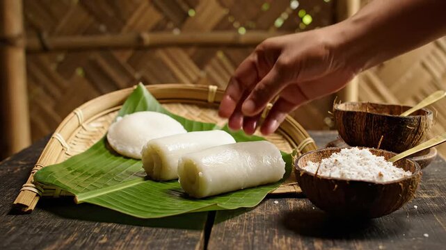 Hand arranging traditional indian festival food for the vibrant bohag bihu celebration on a rustic wooden table.
