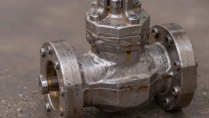 Close-up metallic gate valve which appears old corroded visible signs wear corrosion made shiny material likel