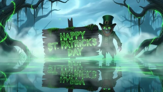 St patricks day illustration of a mythical creature holding a sign in a swamp